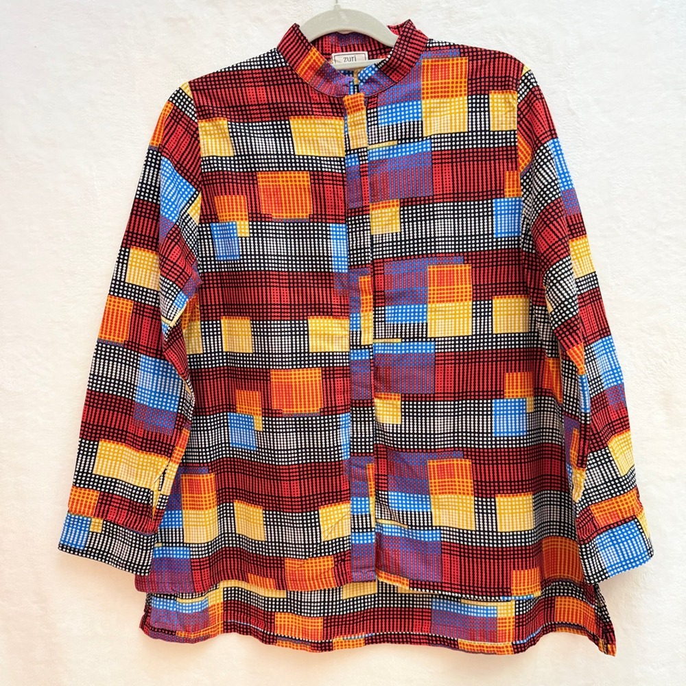 Zuri Womens XS Cotton Geometric Print Button Down Shirt Hi-Lo Hem Band Collar